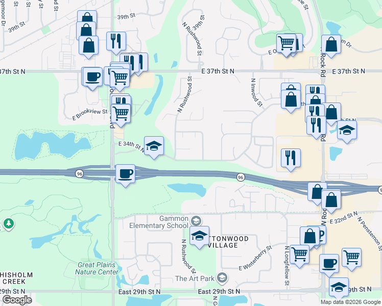 map of restaurants, bars, coffee shops, grocery stores, and more near 7011 East Woodbury Court in Wichita