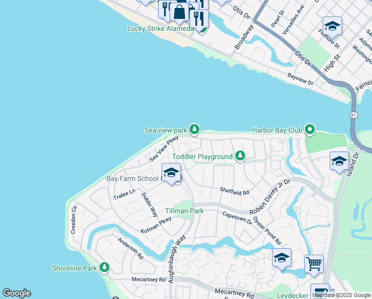 map of restaurants, bars, coffee shops, grocery stores, and more near 725 Harbor Road in Alameda