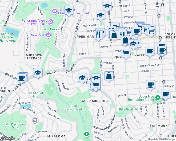 map of restaurants, bars, coffee shops, grocery stores, and more near 5140 Diamond Heights Boulevard in San Francisco