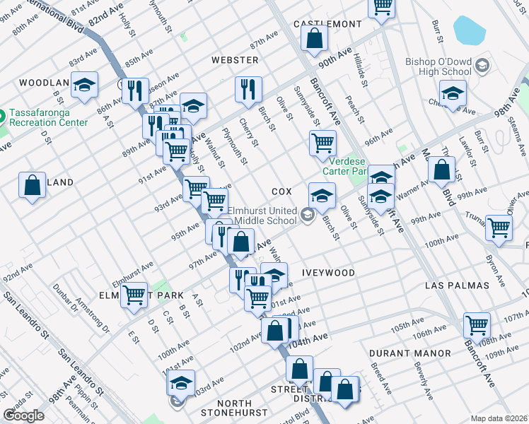 map of restaurants, bars, coffee shops, grocery stores, and more near 1624 96th Avenue in Oakland