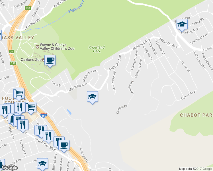 map of restaurants, bars, coffee shops, grocery stores, and more near 9 Leamont Court in Oakland