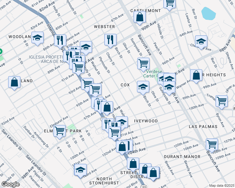 map of restaurants, bars, coffee shops, grocery stores, and more near 1624 96th Avenue in Oakland