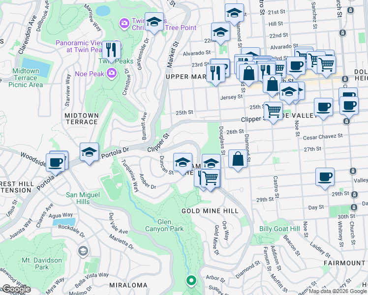map of restaurants, bars, coffee shops, grocery stores, and more near 10 Carnelian Way in San Francisco
