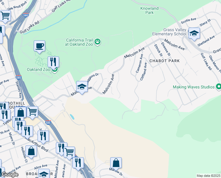 map of restaurants, bars, coffee shops, grocery stores, and more near 9 Leamont Court in Oakland