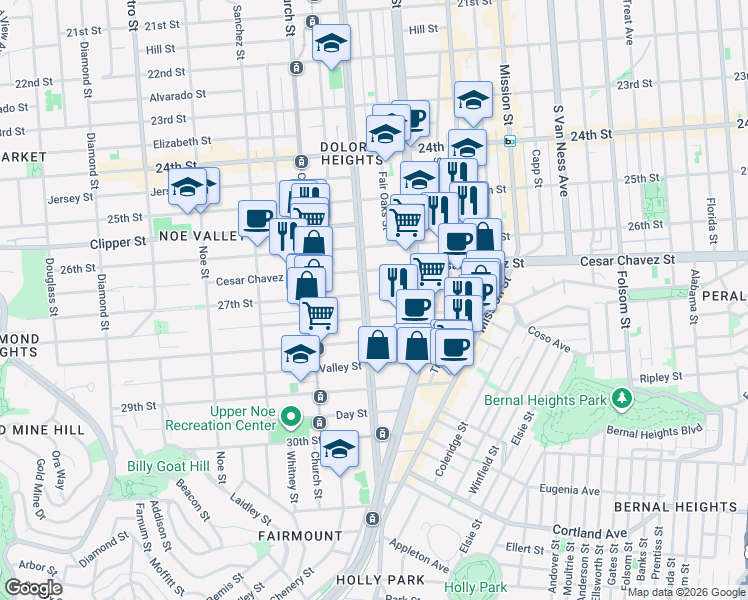 map of restaurants, bars, coffee shops, grocery stores, and more near 3771 Cesar Chavez in San Francisco