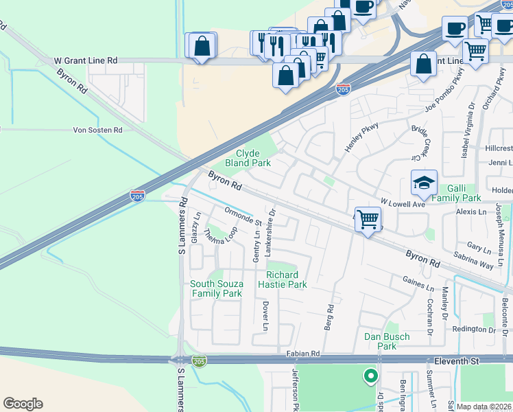 map of restaurants, bars, coffee shops, grocery stores, and more near 3030 Byron Road in Tracy