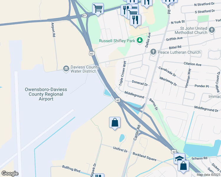 map of restaurants, bars, coffee shops, grocery stores, and more near Wendell Ford Expressway in Owensboro