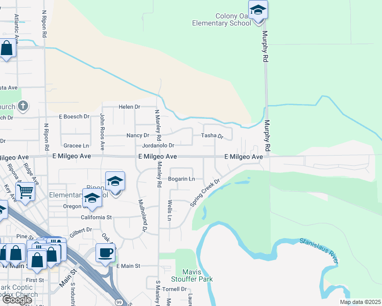 map of restaurants, bars, coffee shops, grocery stores, and more near 1017 East Milgeo Avenue in Ripon