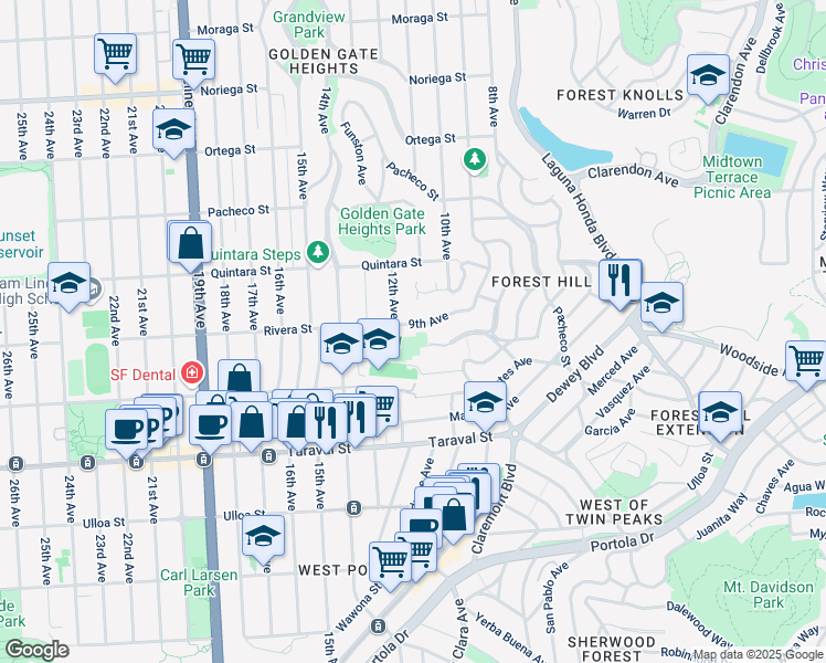 map of restaurants, bars, coffee shops, grocery stores, and more near 143 Mendosa Avenue in San Francisco