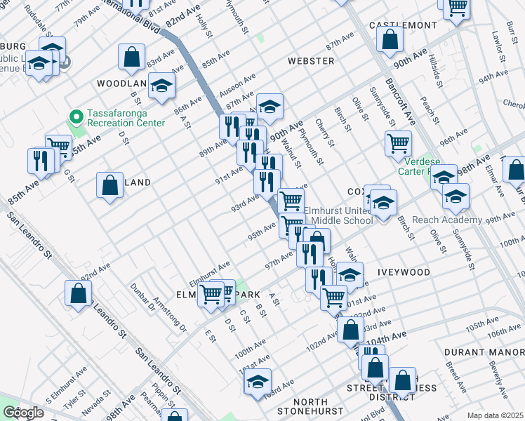 map of restaurants, bars, coffee shops, grocery stores, and more near 1380 93rd Avenue in Oakland