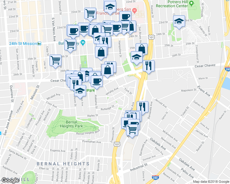 map of restaurants, bars, coffee shops, grocery stores, and more near in San Francisco