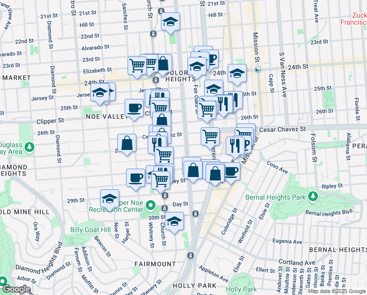 map of restaurants, bars, coffee shops, grocery stores, and more near 3821 Cesar Chavez in San Francisco