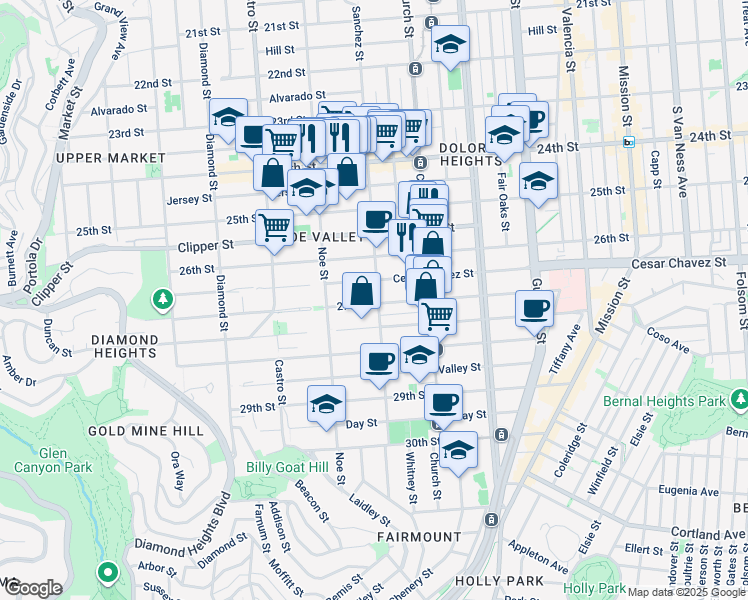 map of restaurants, bars, coffee shops, grocery stores, and more near 4035 Cesar Chavez in San Francisco