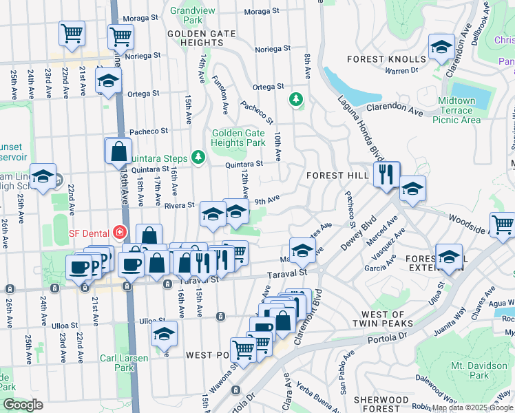map of restaurants, bars, coffee shops, grocery stores, and more near 143 Mendosa Avenue in San Francisco
