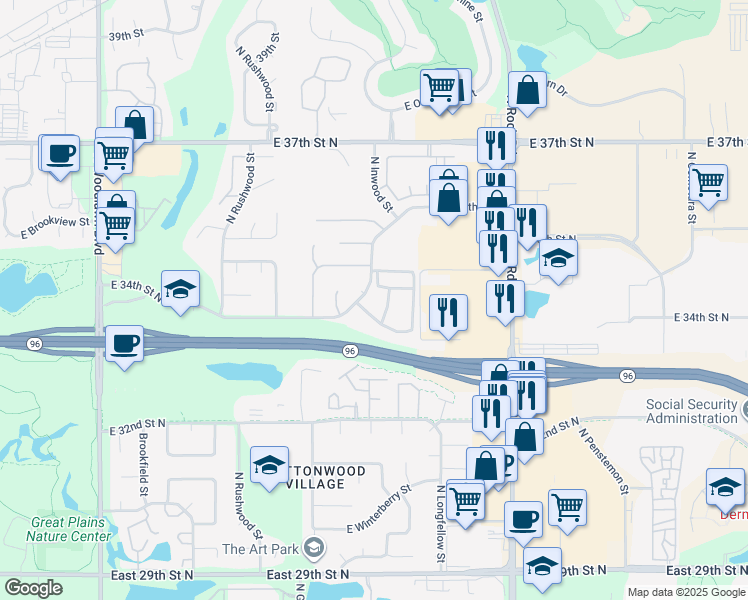 map of restaurants, bars, coffee shops, grocery stores, and more near 3557 Inwood Court in Wichita