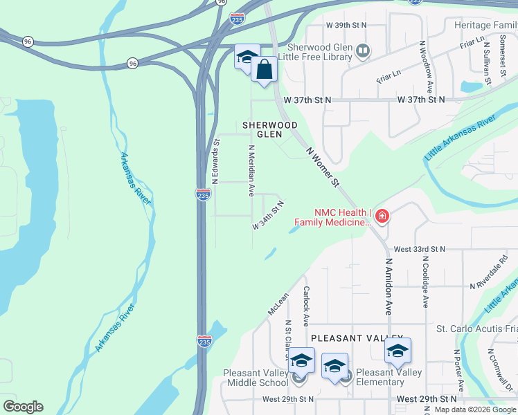 map of restaurants, bars, coffee shops, grocery stores, and more near 3513 North Sedgwick Street in Wichita