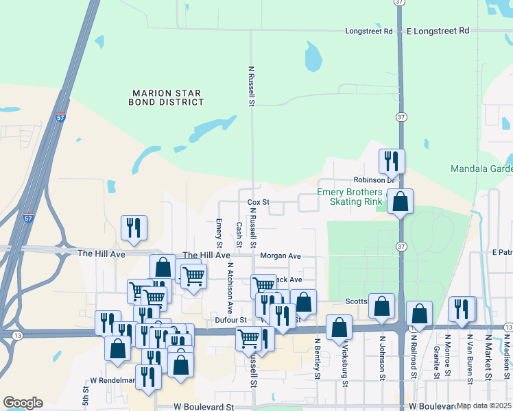 map of restaurants, bars, coffee shops, grocery stores, and more near 1619 North Russell Street in Marion