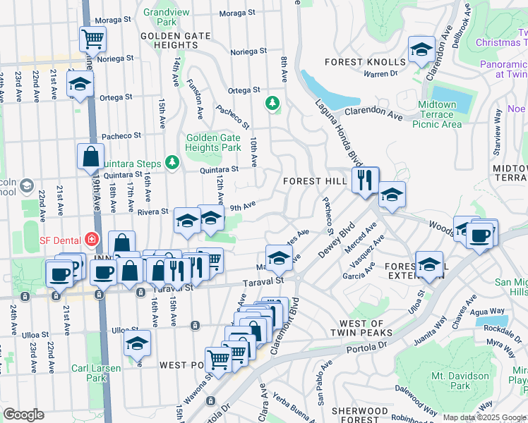 map of restaurants, bars, coffee shops, grocery stores, and more near 2241 9th Avenue in San Francisco