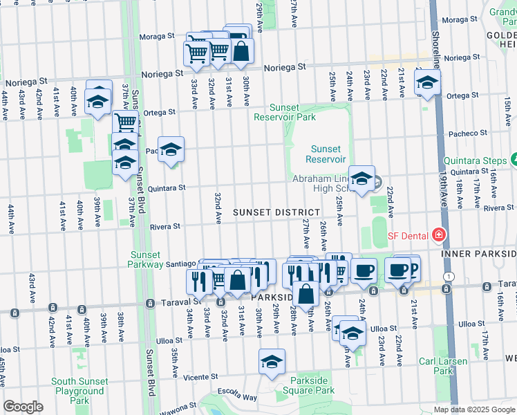 map of restaurants, bars, coffee shops, grocery stores, and more near 2131 29th Avenue in San Francisco