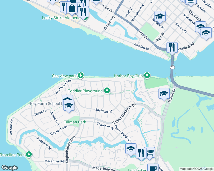 map of restaurants, bars, coffee shops, grocery stores, and more near 27 Hampton Court in Alameda
