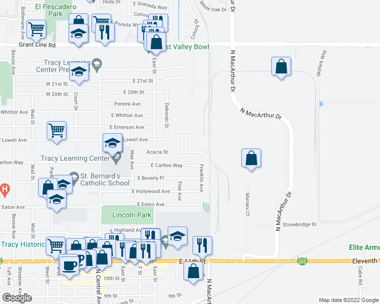 map of restaurants, bars, coffee shops, grocery stores, and more near 413 Acacia Street in Tracy