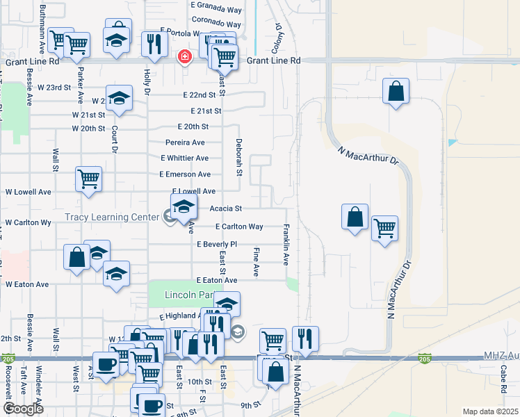 map of restaurants, bars, coffee shops, grocery stores, and more near 341 Acacia Street in Tracy