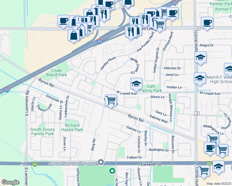 map of restaurants, bars, coffee shops, grocery stores, and more near 2560 Bridle Creek Court in Tracy