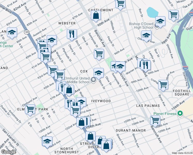 map of restaurants, bars, coffee shops, grocery stores, and more near 9637 Birch Street in Oakland