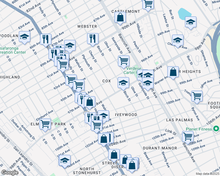 map of restaurants, bars, coffee shops, grocery stores, and more near 1736 96th Avenue in Oakland
