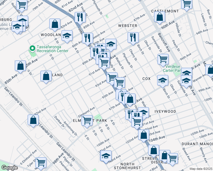 map of restaurants, bars, coffee shops, grocery stores, and more near 1380 93rd Avenue in Oakland