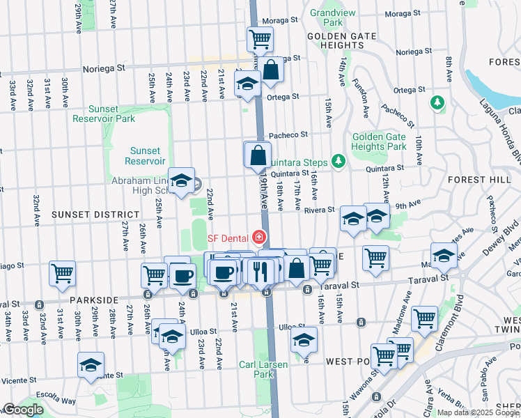 map of restaurants, bars, coffee shops, grocery stores, and more near 2163 19th Avenue in San Francisco