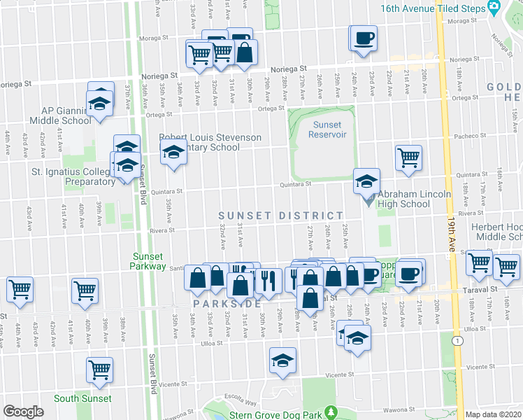 map of restaurants, bars, coffee shops, grocery stores, and more near 2131 29th Avenue in San Francisco