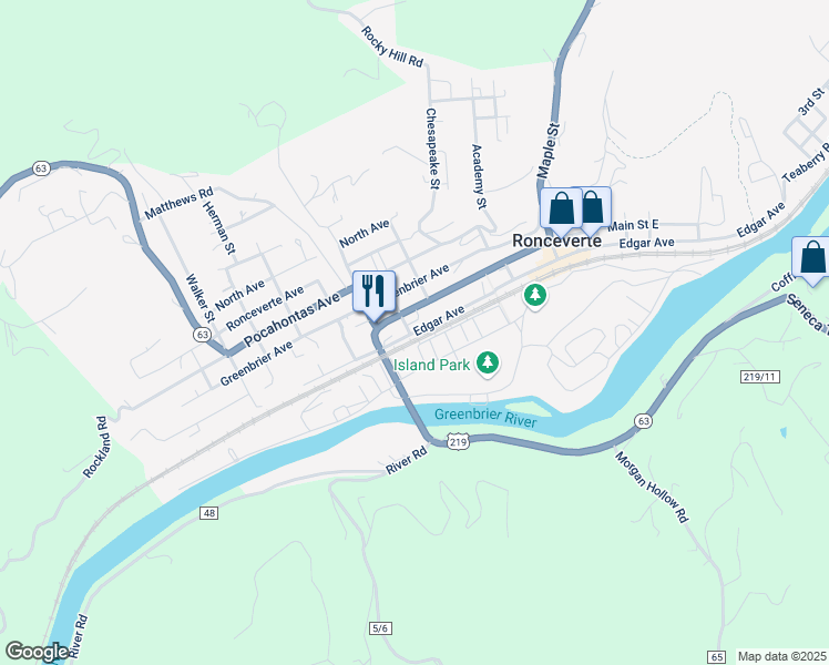 map of restaurants, bars, coffee shops, grocery stores, and more near 698 Edgar Ave W in Ronceverte