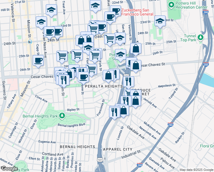 map of restaurants, bars, coffee shops, grocery stores, and more near 275 Mullen Avenue in San Francisco