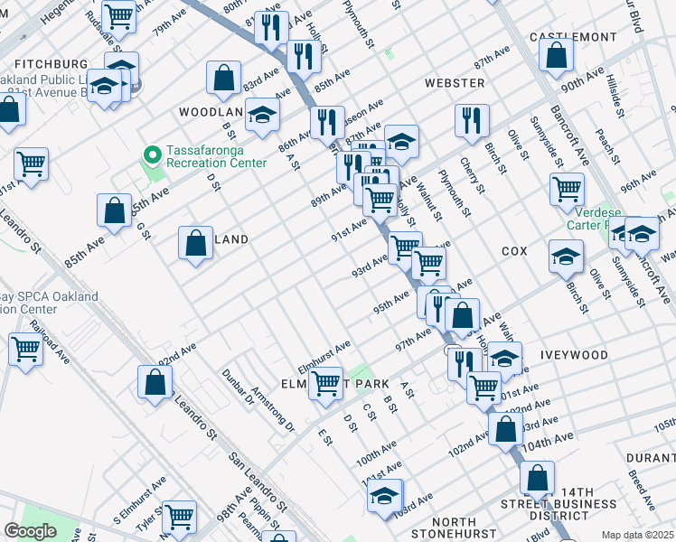 map of restaurants, bars, coffee shops, grocery stores, and more near 1229 92nd Avenue in Oakland