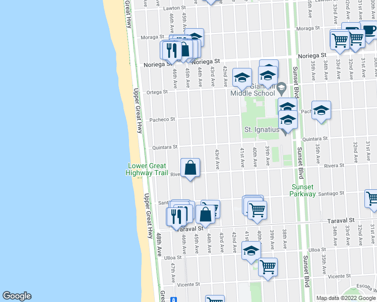map of restaurants, bars, coffee shops, grocery stores, and more near 3530 Quintara Street in San Francisco