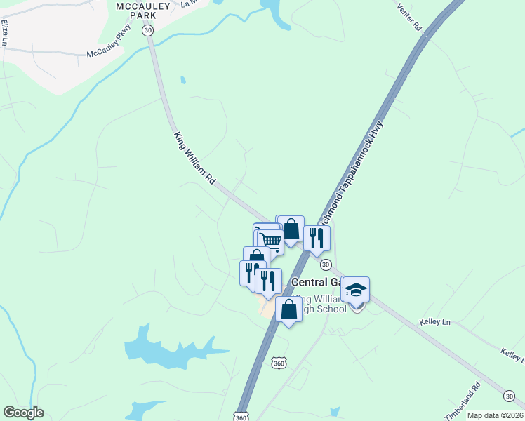 map of restaurants, bars, coffee shops, grocery stores, and more near 11881 King William Road in Aylett
