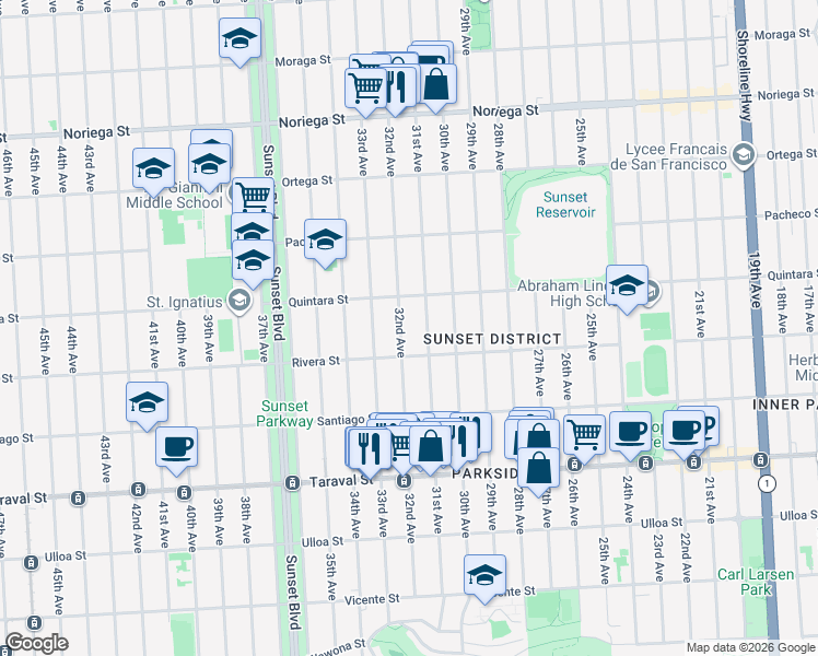 map of restaurants, bars, coffee shops, grocery stores, and more near 2125 32nd Avenue in San Francisco