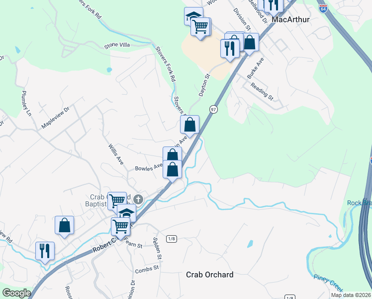 map of restaurants, bars, coffee shops, grocery stores, and more near 1681 Robert C Byrd Drive in Beckley