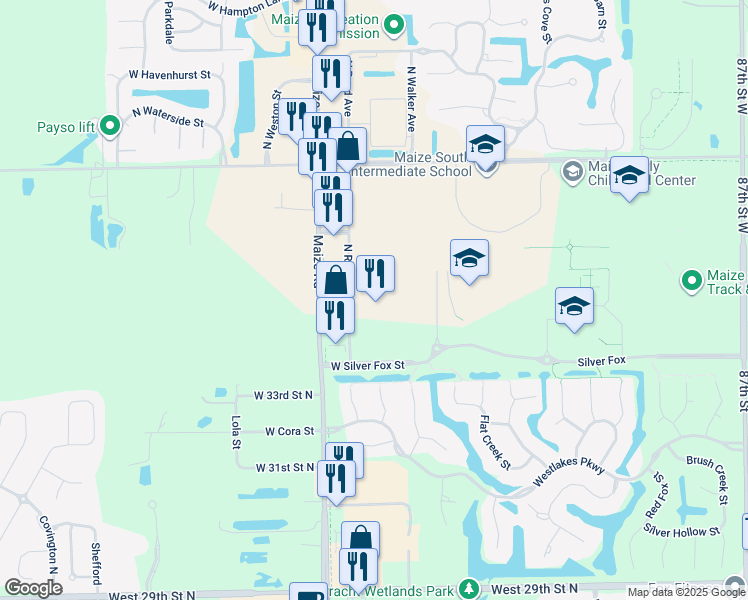 map of restaurants, bars, coffee shops, grocery stores, and more near 3540 North Maize Road in Wichita