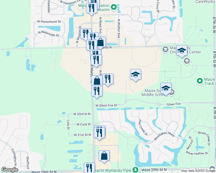 map of restaurants, bars, coffee shops, grocery stores, and more near 3540 North Maize Road in Wichita
