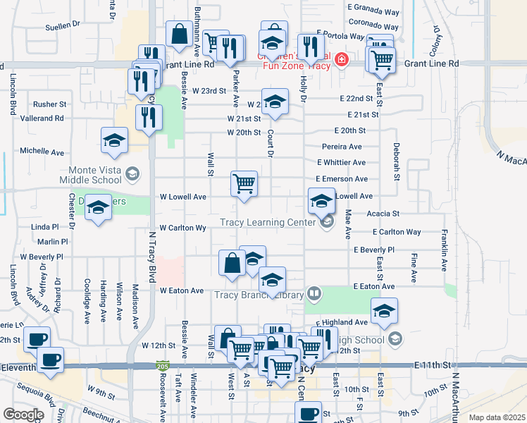 map of restaurants, bars, coffee shops, grocery stores, and more near 1675 Court Drive in Tracy
