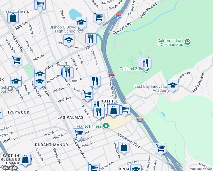 map of restaurants, bars, coffee shops, grocery stores, and more near 10035 Stanley Avenue in Oakland