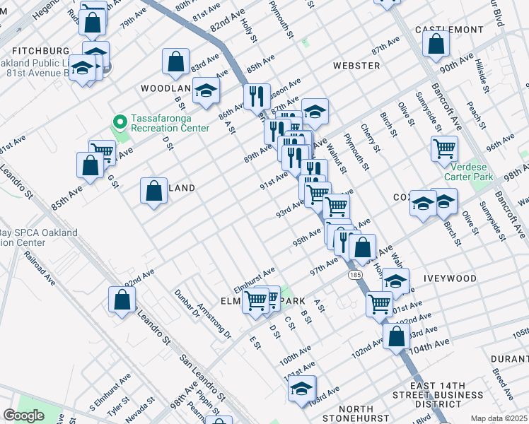 map of restaurants, bars, coffee shops, grocery stores, and more near 1229 92nd Avenue in Oakland