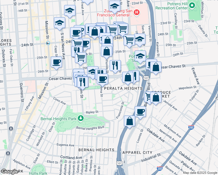 map of restaurants, bars, coffee shops, grocery stores, and more near 612 Precita Avenue in San Francisco