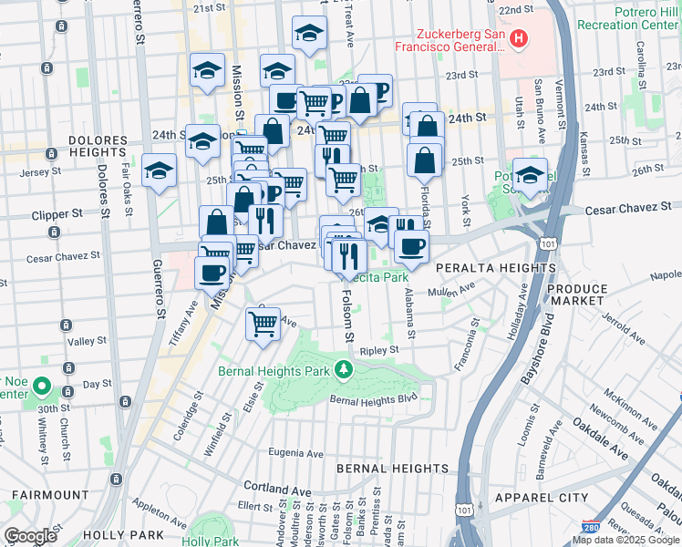 map of restaurants, bars, coffee shops, grocery stores, and more near 3147 Folsom Street in San Francisco