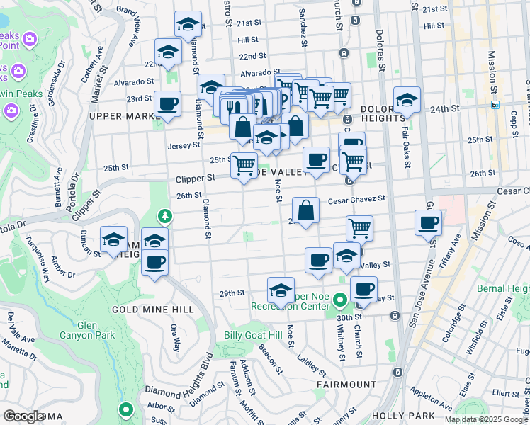 map of restaurants, bars, coffee shops, grocery stores, and more near 4182 Cesar Chavez in San Francisco