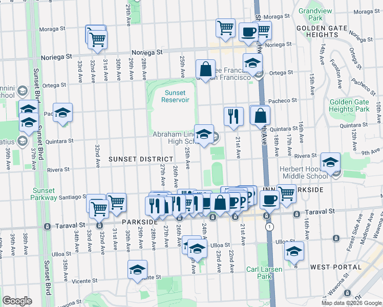 map of restaurants, bars, coffee shops, grocery stores, and more near 2147 25th Avenue in San Francisco