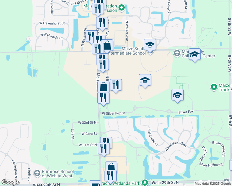 map of restaurants, bars, coffee shops, grocery stores, and more near 3540 North Maize Road in Wichita