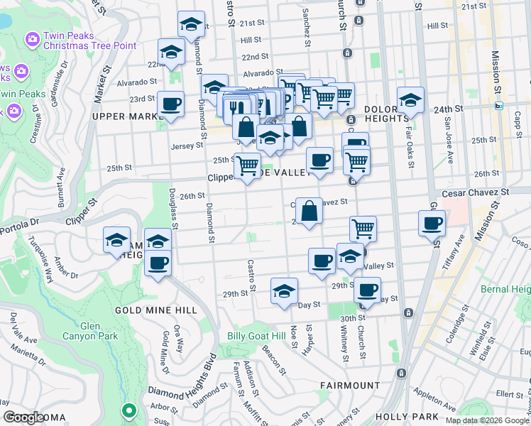 map of restaurants, bars, coffee shops, grocery stores, and more near 4155 Cesar Chavez Street in San Francisco